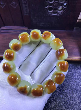 和田玉黄白老玉河磨玉籽料粒粒带皮老形手链100克纯天然正品定制