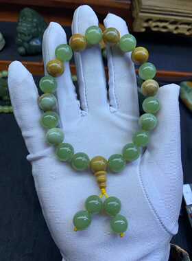 和田玉析木河磨玉手串手持黄绿相间49克颜色油润细腻可定制收藏级