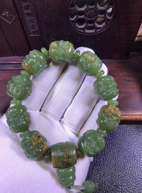 和田玉东北籽料析木绿河磨玉18罗汉手链125克厂家直销定制定做