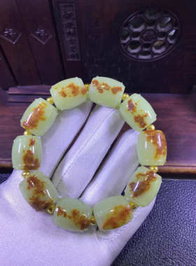 和田玉黄白老玉河磨玉籽料手串手链金隔珠122克东北纯天然岫岩玉