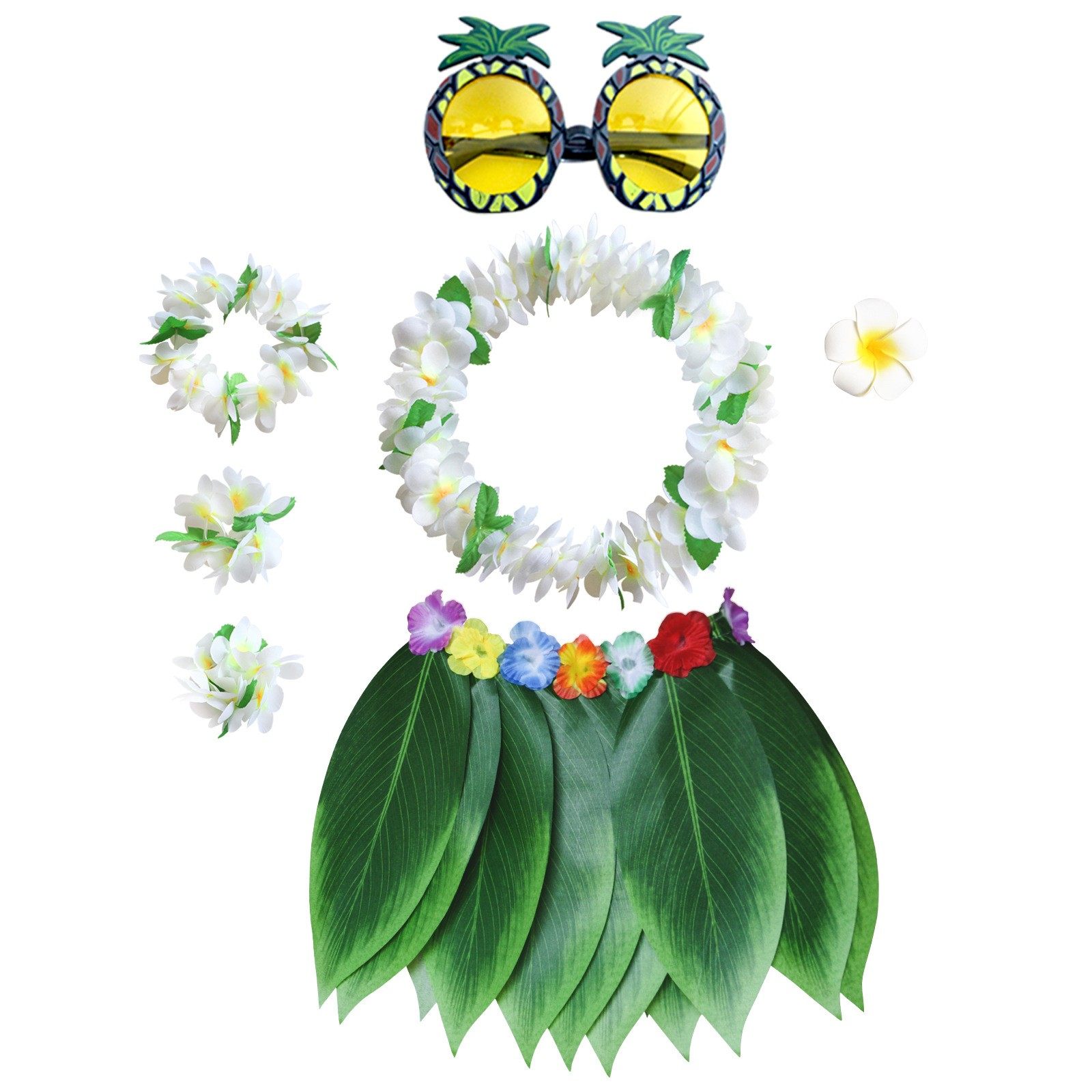 夏威夷80片加密花环四件套菠萝眼镜小花树叶草裙鸡蛋花发夹七件套