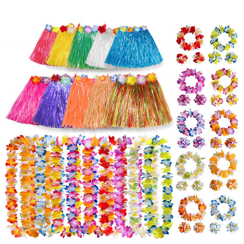 夏威夷草裙舞40CM套装彩色草裙花环项链舞蹈表演服装