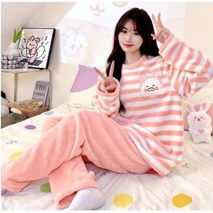 宽松可爱加绒加厚法兰绒秋冬天家居服套装 珊瑚绒长袖 女款 睡衣冬季