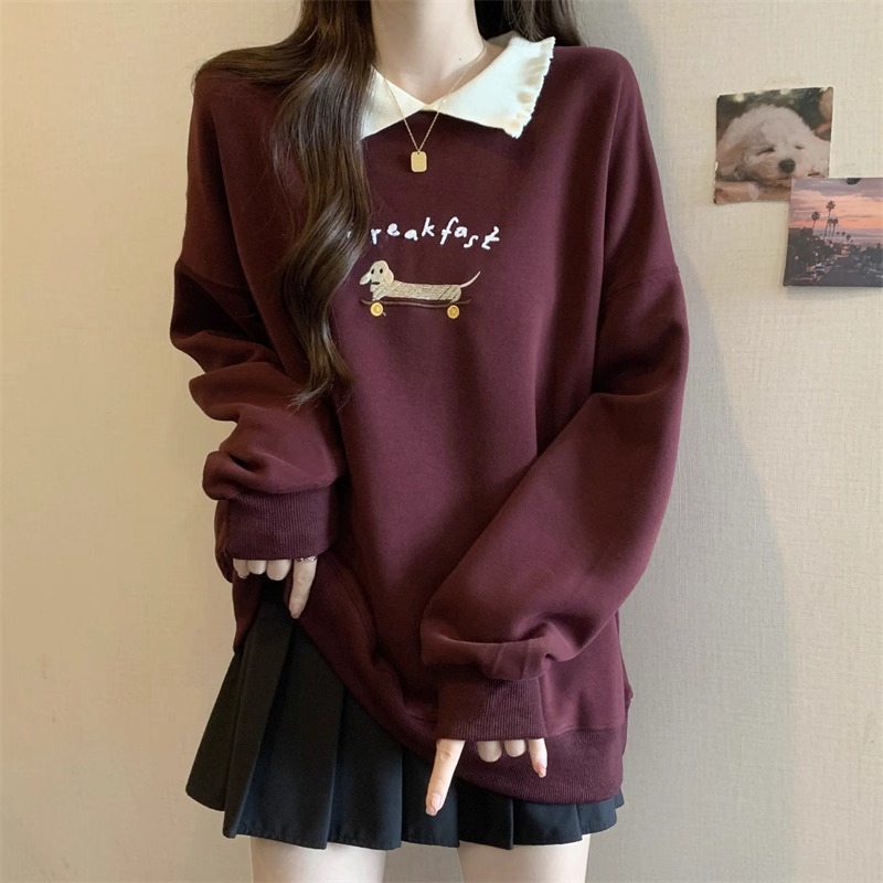 学院风蜡肠狗刺绣娃娃领卫衣女早秋新款大码胖mm遮臀藏肉减龄上衣