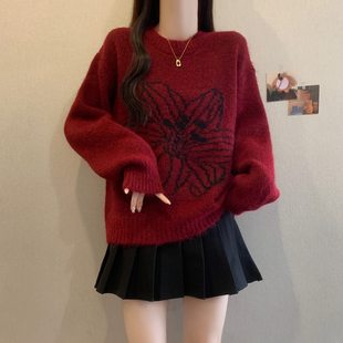 胖mm显瘦洋气减龄慵懒风针织上衣 红色花朵软糯套头毛衣女秋冬大码