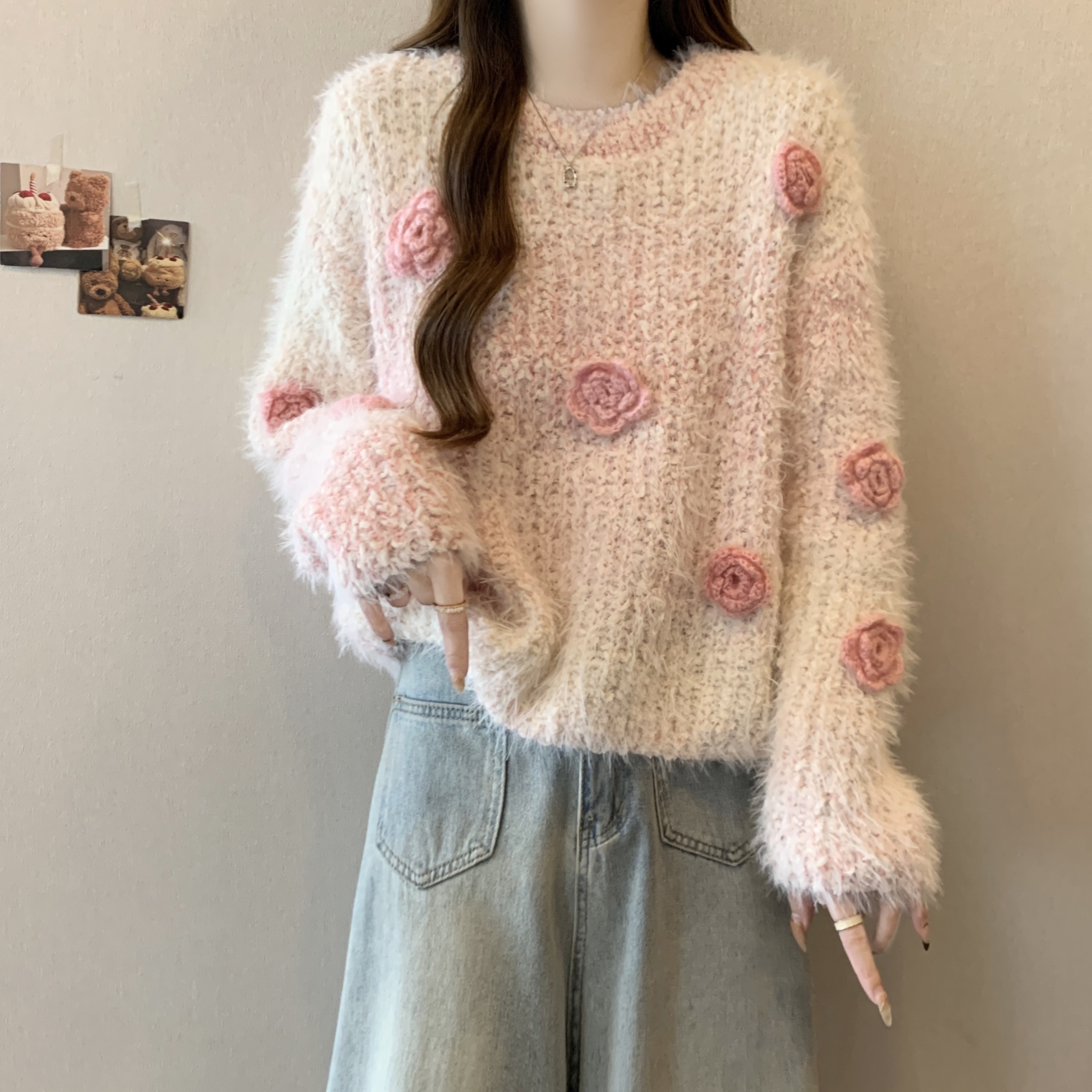 温柔风渐变立体花朵毛衣女秋冬大码胖mm甜美气质宽松短款针织上衣