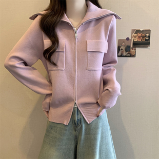 双拉链大翻领针织开衫 气质显瘦外套上衣 女春秋2025大码 微胖mm法式