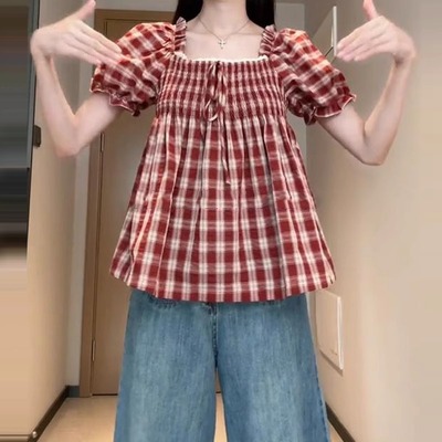 法式复古方领甜美泡泡袖格子短袖衬衫女夏季大码胖mm宽松遮肉上衣