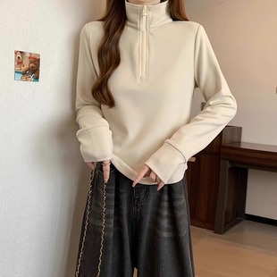 休闲半拉链翻领加厚长袖 T恤女大码 微胖mm显瘦保暖上衣内搭打底衫