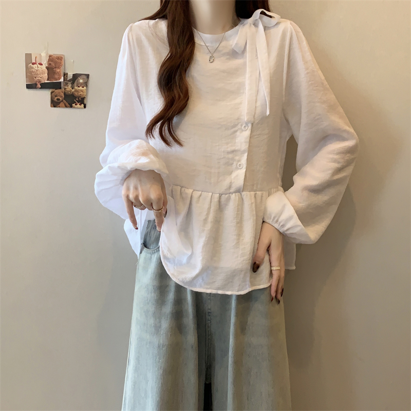白色法式系带蝴蝶结长袖衬衫女春季大码胖mm显瘦遮肚宽松百搭上衣