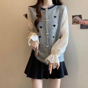 小香风拼接蕾丝袖 微胖mm韩系洋气减龄上衣 毛衣开衫 外套女秋冬大码