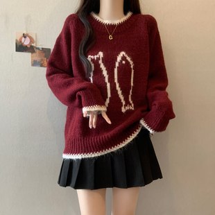 胖mm韩系chic洋气减龄针织上衣 慵懒风拼色提花软糯毛衣女秋冬大码