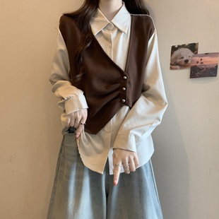 百搭上衣 洋气假两件拼接长袖 衬衫 女春秋大码 微胖mm显瘦设计感时尚