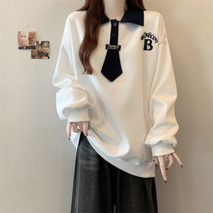 微胖mm显瘦宽松字母刺绣polo领上衣 学院风领带设计卫衣女春秋大码