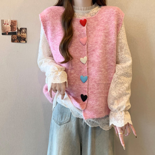 春秋搭配一整套装 两件套 女大码 胖mm温柔风甜美针织马甲蕾丝打底衫