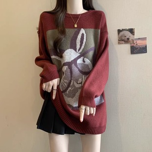 卡通兔子中长款 洋气上衣 套头红色毛衣女秋冬大码 微胖mm宽松针织衫