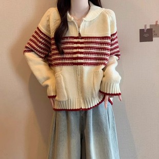 胖mm宽松百搭减龄上衣针织开衫 条纹拉链慵懒风毛衣外套女秋冬大码