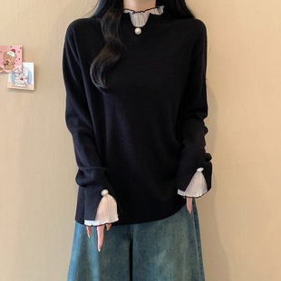 微胖mm显瘦设计感蕾丝拼接上衣 韩系气质半高领针织毛衣女春秋大码