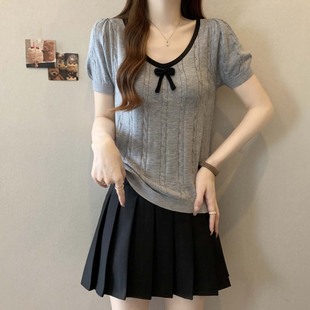 胖mm设计感别致显瘦上衣 韩系小众蝴蝶结针织衫 短袖 T恤女夏季 大码