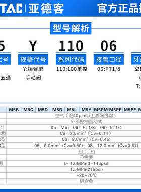 亚德客机械阀M5Y110-06/M5Y210-08/06摇臂型控制阀手动阀气动阀