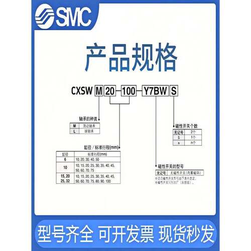 SMC双杆轴双出气缸CXSWM/CXSWL6-10-15-20-25-30-32-40-50-75-100