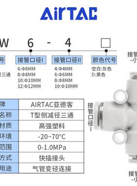 原装正品亚德客气管塑胶T型变径接头APEW4 6 8 10 12一盒装