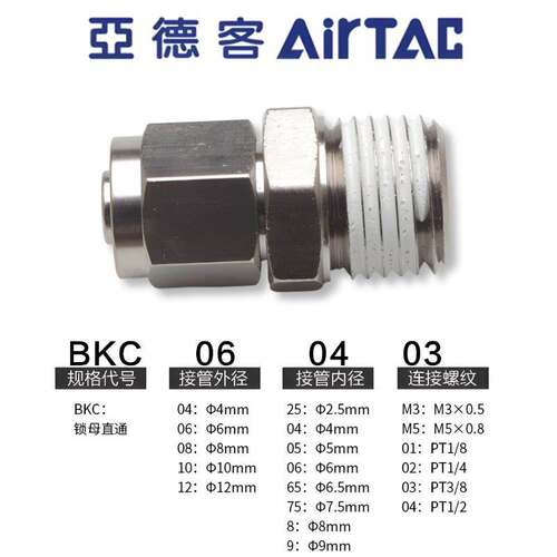 AIRTAC亚德客气动接头全金属锁母直通BKC1208/1065/0805-01/02/03