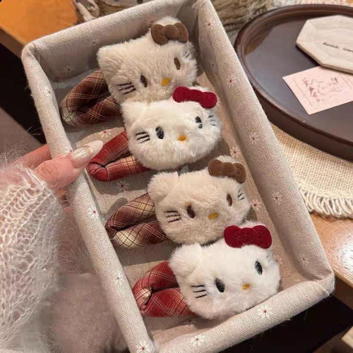 新款甜美格纹Kitty发夹女可爱卡通毛绒掰掰夹侧边bb夹发卡头饰品