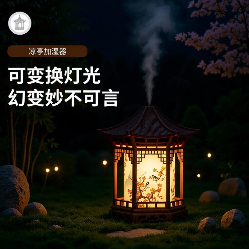 2026跨境新品凉亭加湿器中国风元素摆件小夜灯滋润浅木纹家用水雾