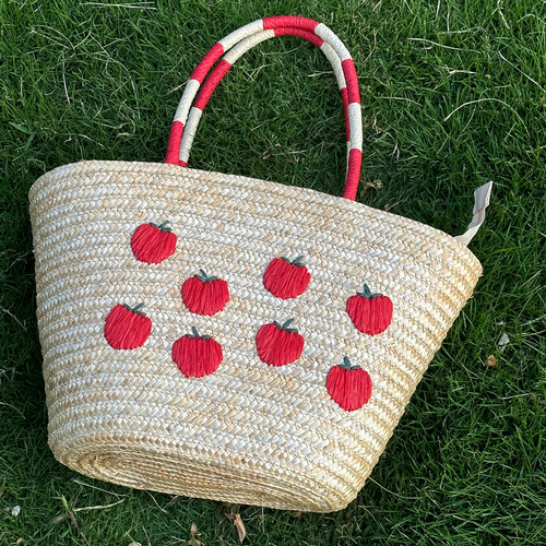 苹果刺绣草编单肩包可爱手提单肩大容量夏季女款包包度假休闲手工