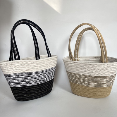 四季款大容量通勤高级感百搭撞色编织包包女士单肩沙滩包托特包