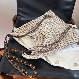 蜡绳手工编织镂空包包串珠设计肩带气质慵懒风斜挎单肩包沙滩包