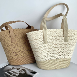 法式 蕾丝夏日草包编织包海边度假沙滩包大容量草编百搭单肩托特包