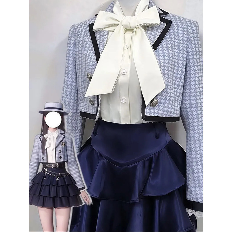 外套+蝴蝶结绑带衬衫+短裙三件套