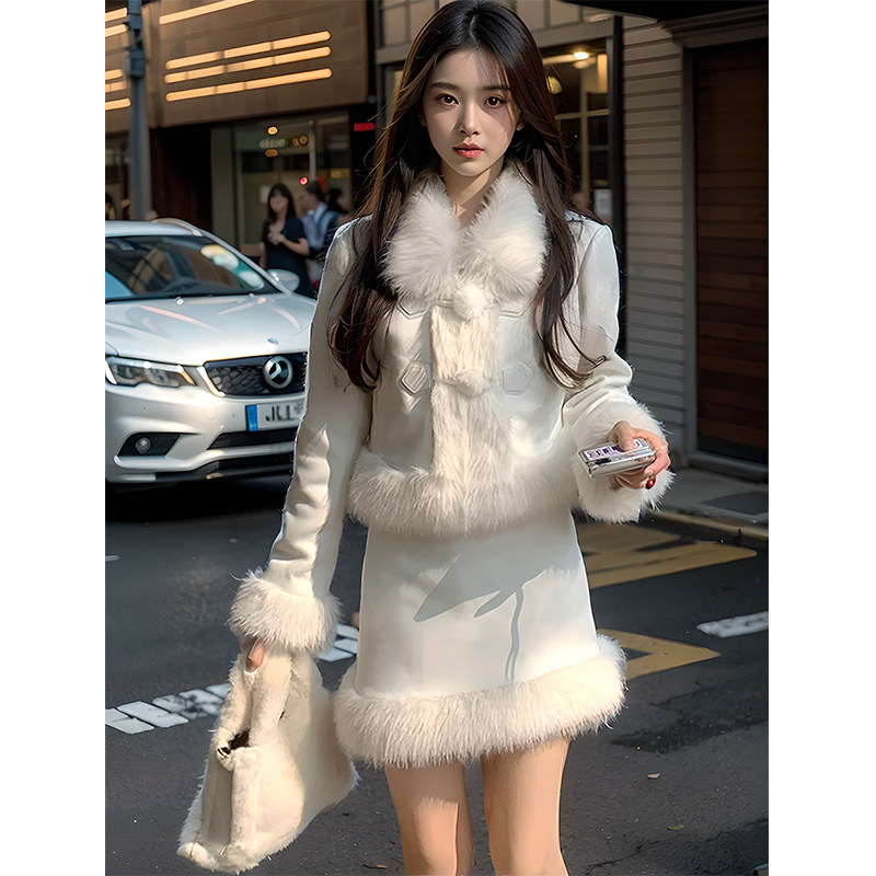 秋冬2025新款小香风套装韩剧小个子高级感甜美毛毛短外套半身裙子