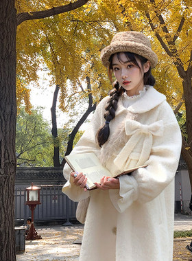 学院风小个子娃娃领毛呢外套女秋冬甜美可爱中长款宽松呢子大衣