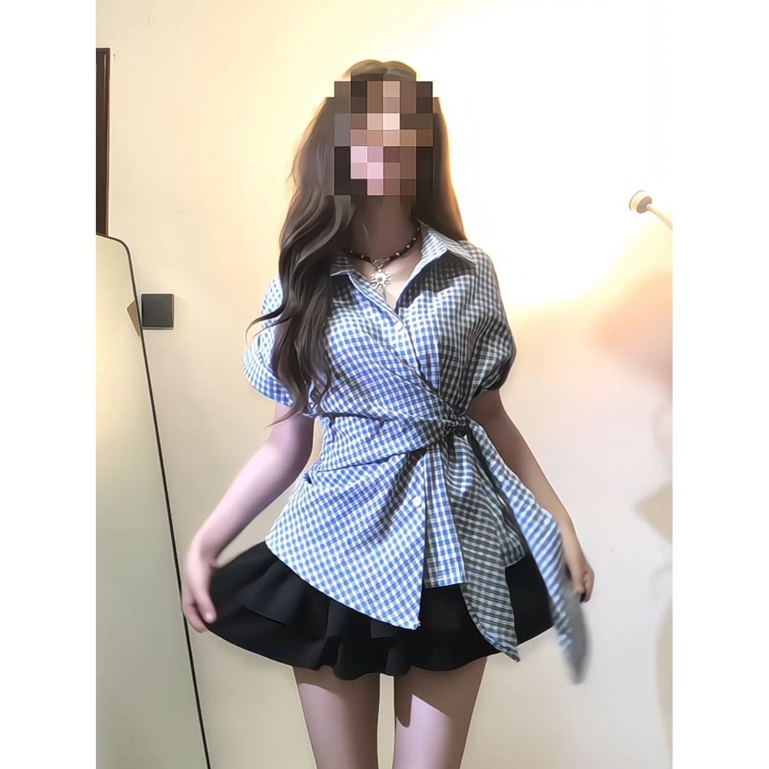 夏日绝美韩系套装格子衬衫收腰显瘦不规则系带上衣甜辣蛋糕蓬蓬裙