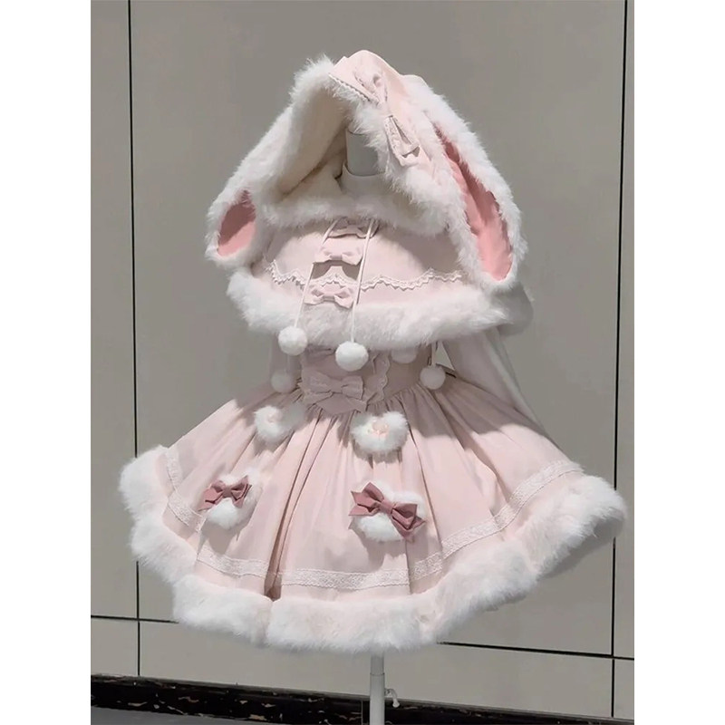 秋冬少女感甜美毛球兔耳蝴蝶结斗篷+收腰蓬蓬lolita连衣裙两件套