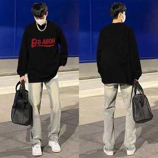 新款花灰色美式潮牌圆领卫衣男女秋冬国潮高街加厚加绒无帽上衣衫