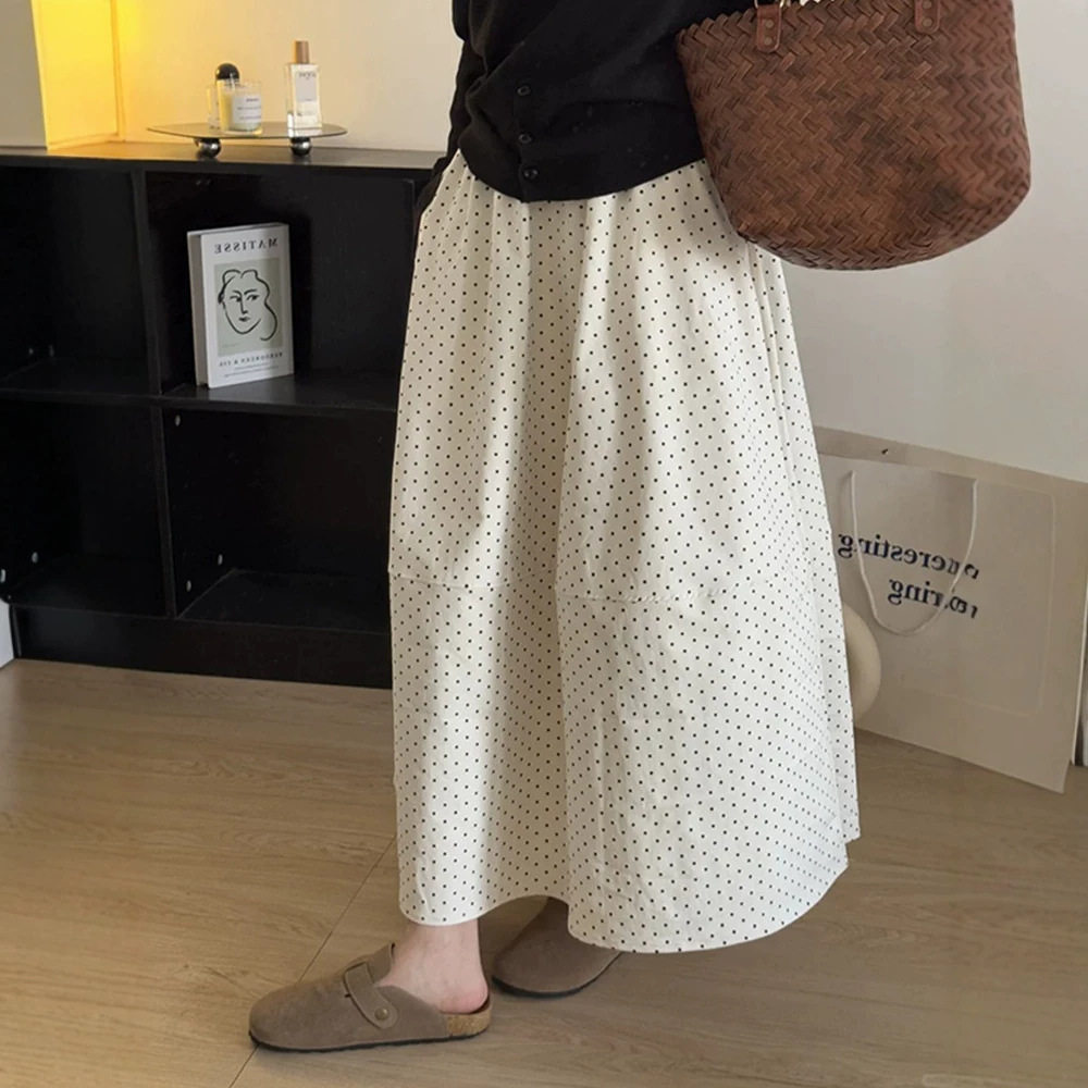 白色波点花苞半身裙女春夏2026新款中长款蓬蓬裙高腰大摆A字长裙