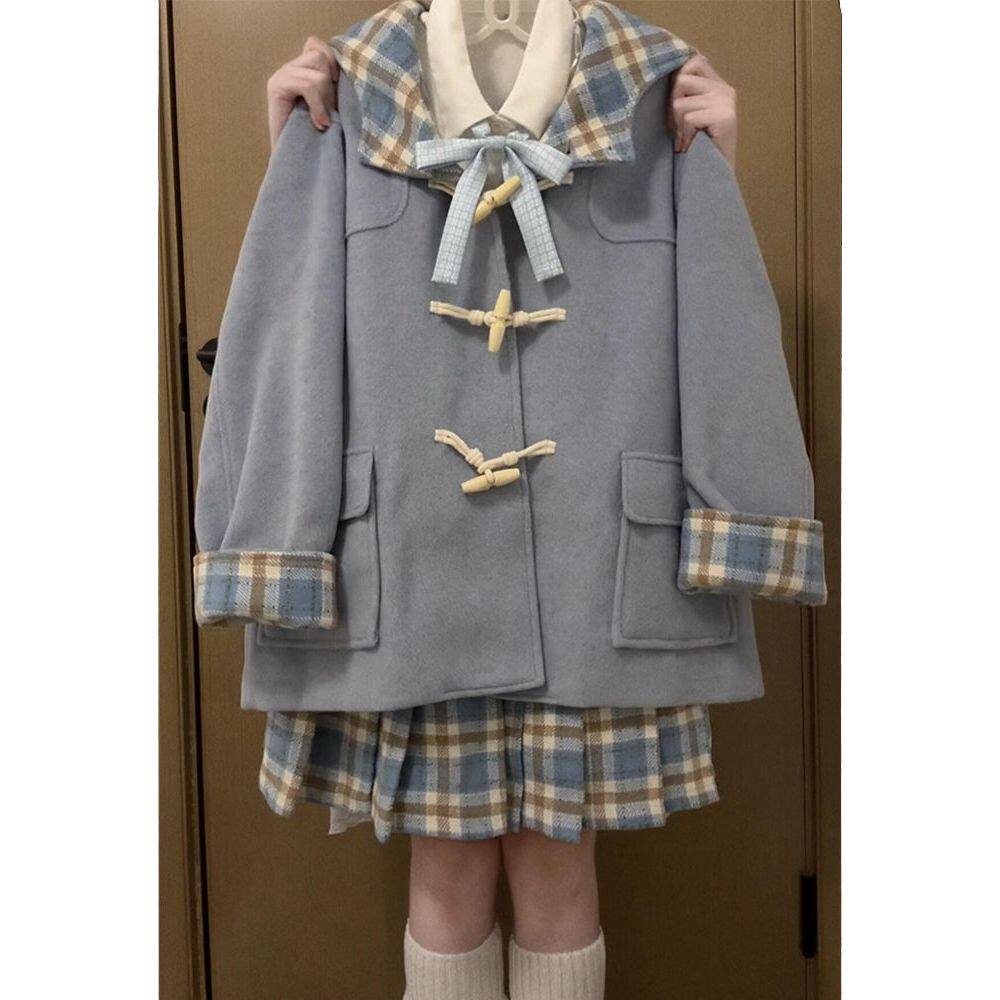 蓝色学院风连帽牛角扣毛呢外套女冬装中长款加厚小个子呢子大衣