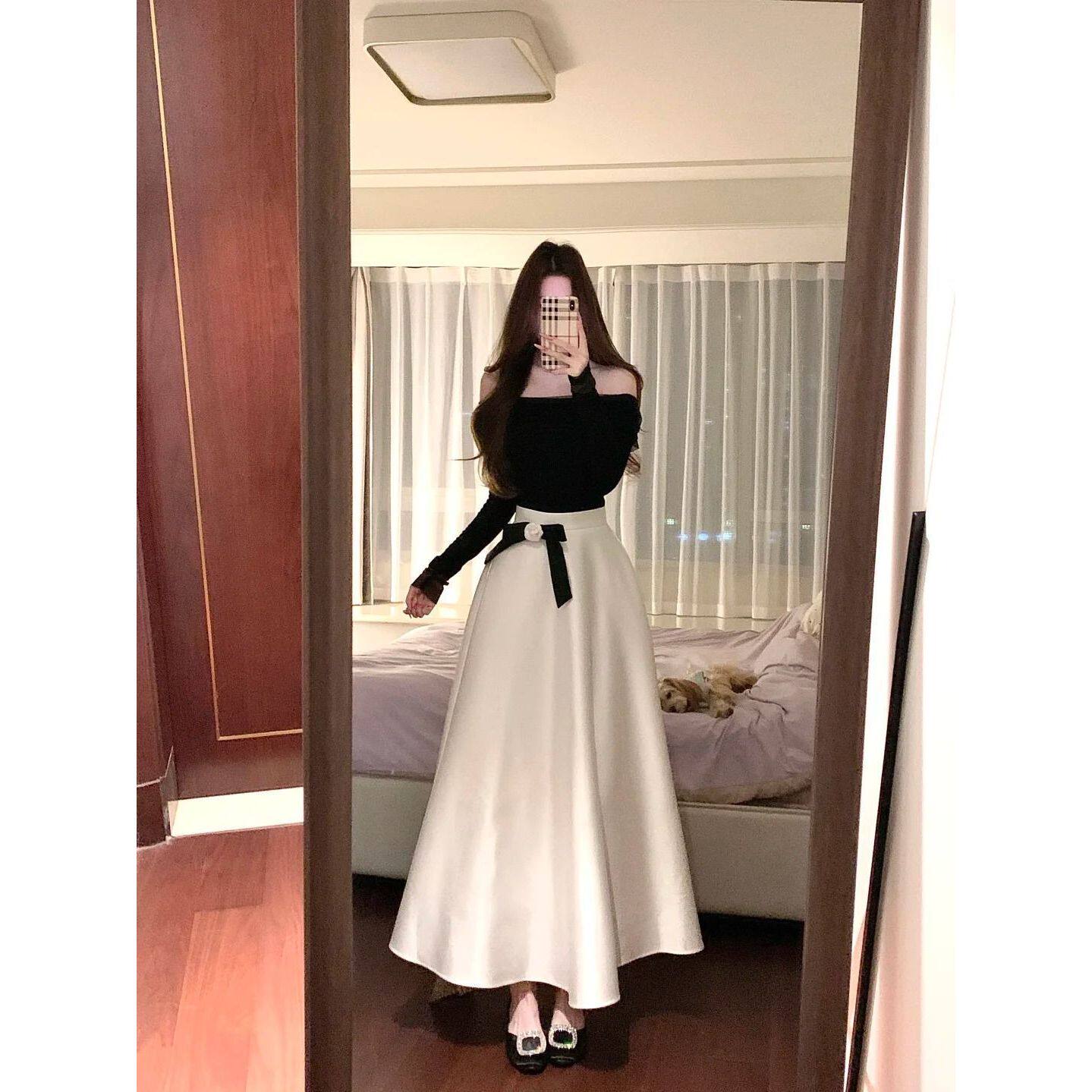 小香风黑色一字肩针织连衣裙子女春秋2026新款富家千金穿搭一整套