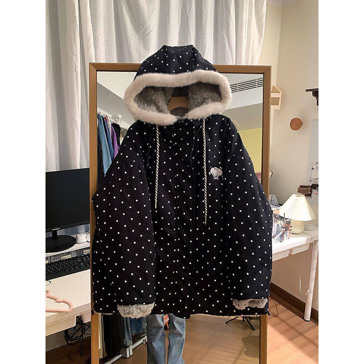 【黑金香氛】韩系小狗子波点保暖棉服女冬季新款宽松显瘦连帽棉衣