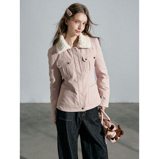 粉色翻领毛绒外套女冬季2025新款慵懒通勤风加厚保暖夹克百搭上衣