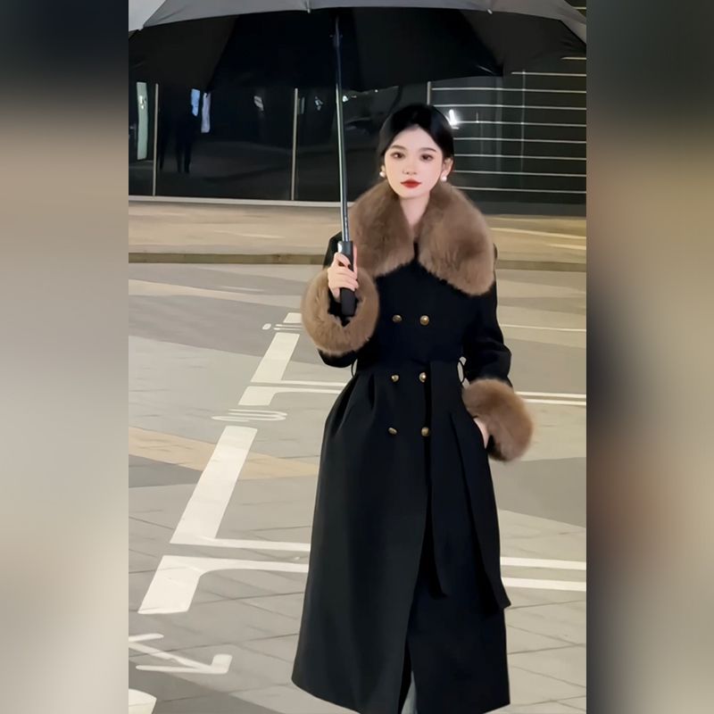 大衣外套女装秋冬高级感2024新款冬季毛呢高端风衣加厚黑色长款冬