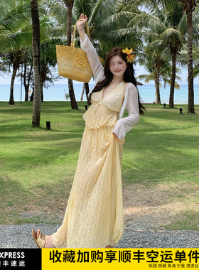 比基尼泳衣女微胖女孩大码绝美黄色分体三件套性感长裙海岛度假风