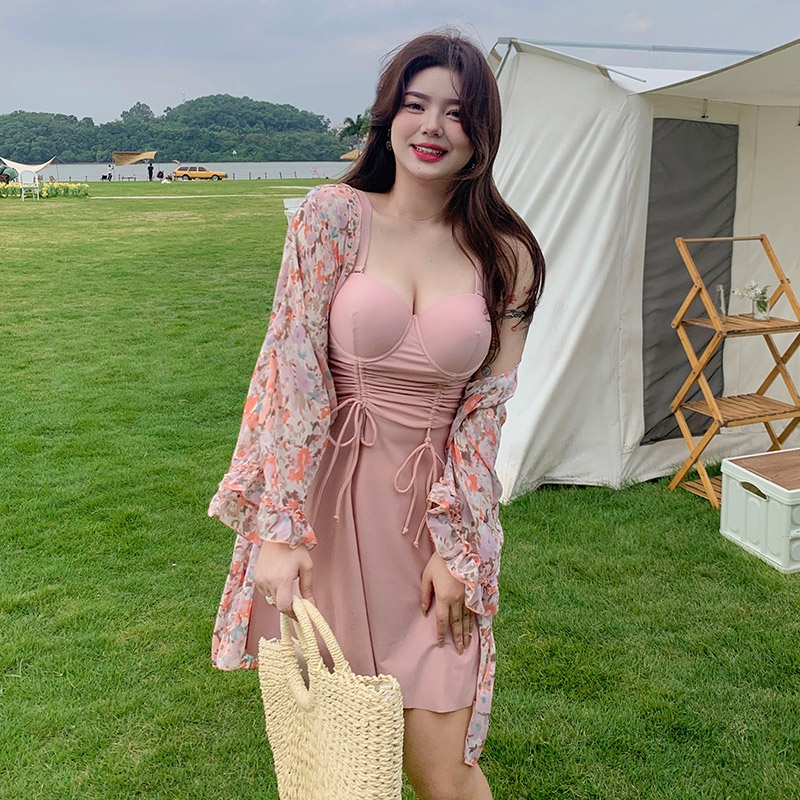 ins风韩国泳衣女性感大码胖mm200斤遮肚显瘦大胸连体裙式长袖温泉