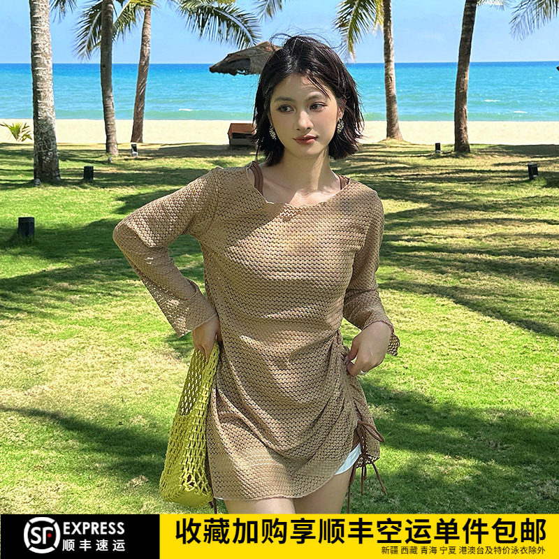 大码胖mm度假性感三件套分体长袖罩衫纯欲风200斤遮肚显瘦泳衣女