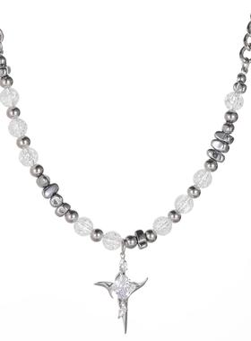 小众不规则十字架项链冰裂珠钛钢拼接锁骨链男女配饰