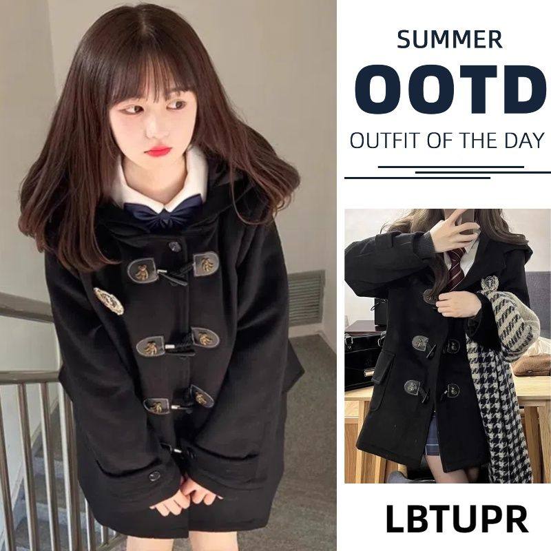 LBTUPR 秋冬牛角扣呢子学院风校供感大衣jk短款毛呢外套女小个子